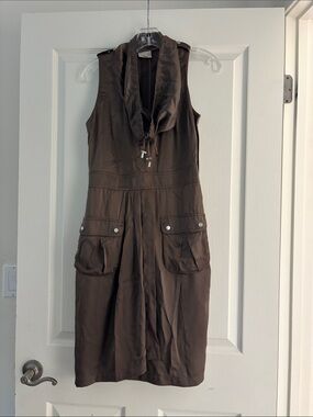 Karen Millen 100% Silk Sleeveless Brown Cowl-Neck Utility Dress Sz 6
